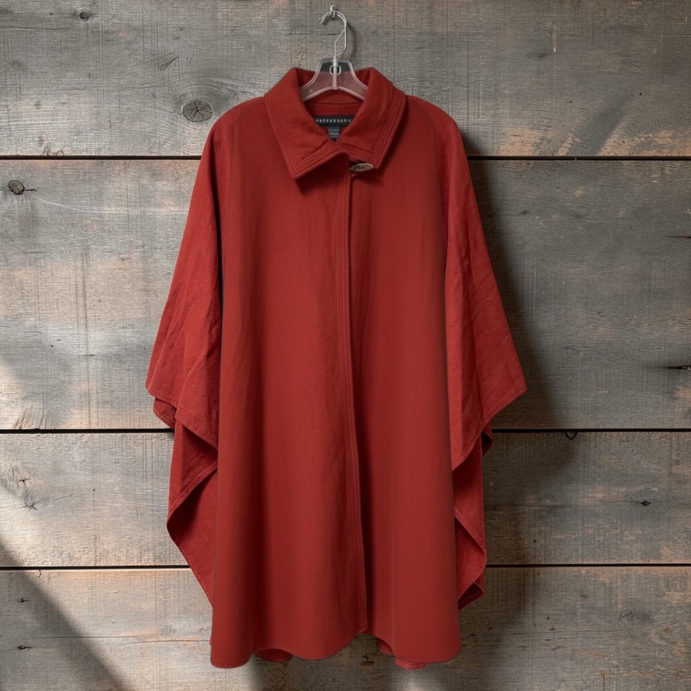Apostrophe Women Red Wool Blend Collared Toggle Shawl Wrap Poncho Cape S